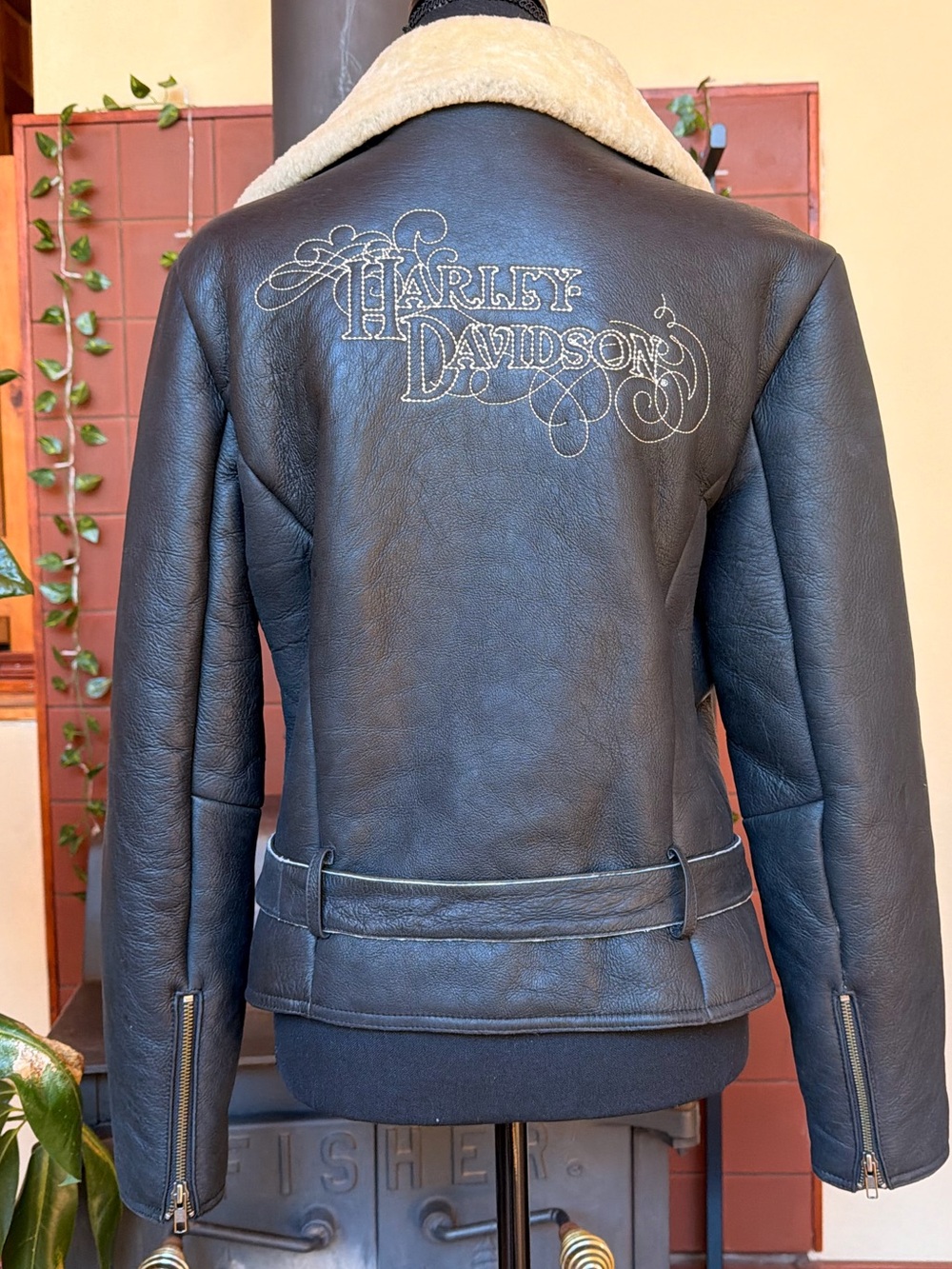 Harley-Davidson Black Leather Jacket with Cream Shearling Collar